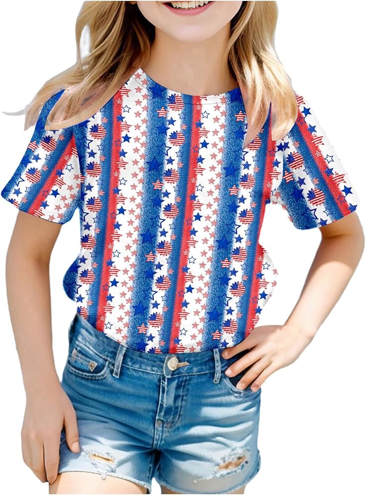 Kids Fourth of July Shirts Fashion Short Sleeve American Flag Graphic T-Shirt Independence Day Shirt Tee Tops