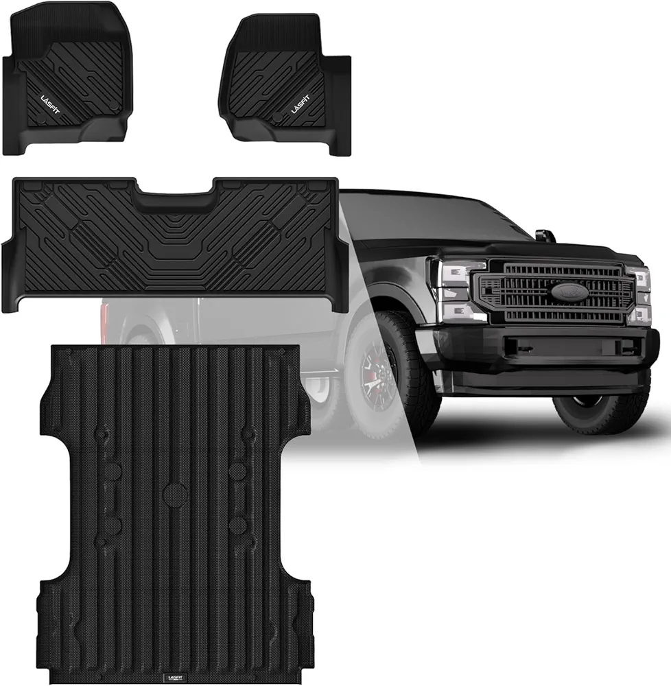 LASFIT Floor Mat & Truck Bed Mat for Ford F250/F350 2017-2023 2024 trunk Mat, All Weather Bed Mat for Ford F-250/F-350/F-450 Accessories 6.75ft Cargo Mat, TPE Heavy Duty Car Trunk Mat&Cargo liner