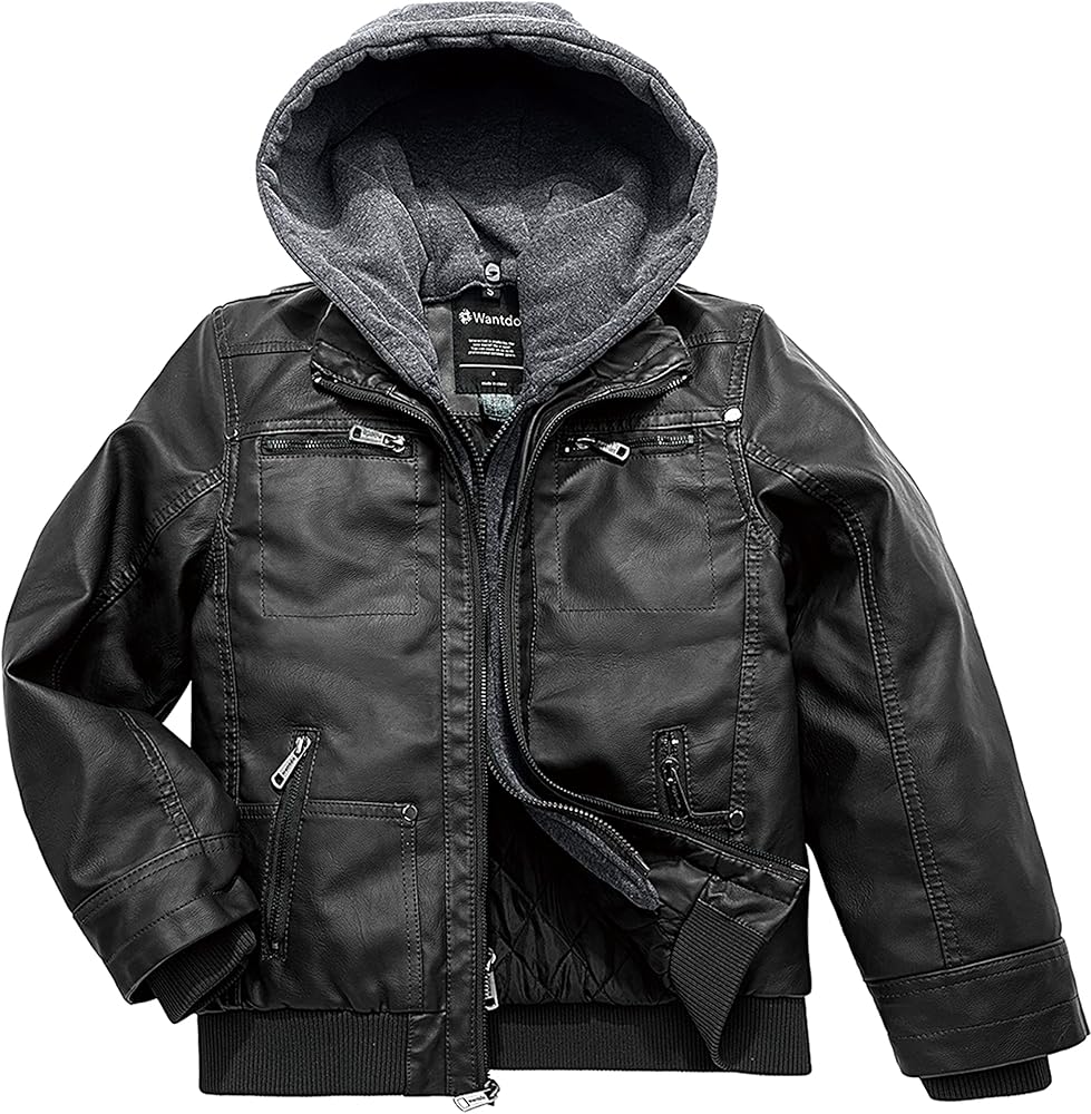 Wantdo Boy's Faux Leather Jacket Zipper Up Hoodie Zipper Coat with Removable Hood