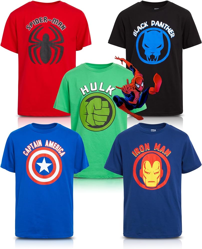 Marvel Avengers Boys’ 5 Pack T-Shirts – Spider-Man, Hulk, Captain America, Iron Man, Thor (2T-20)