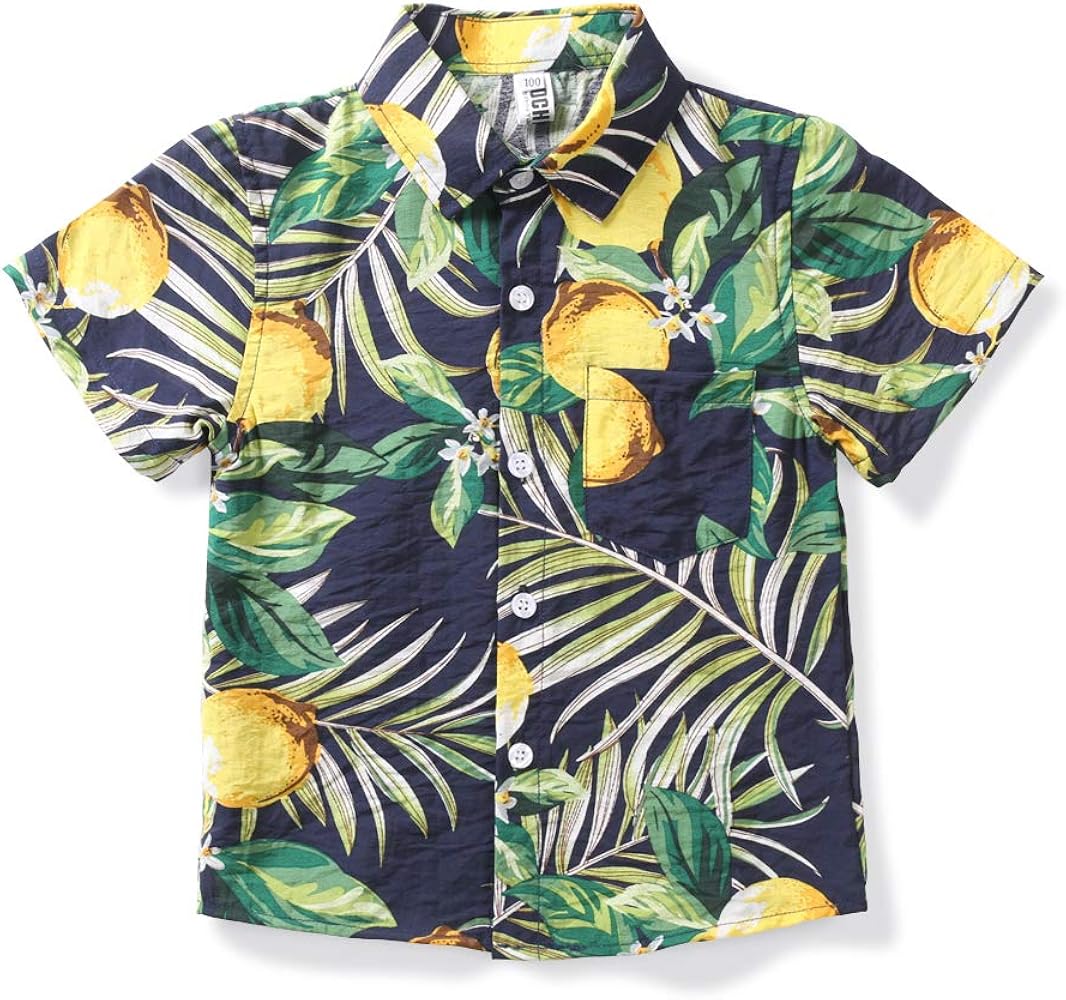 OCHENTA Boys Lightweight Button Down Hawaiian Shirt Floral Short Sleeve Aloha Tropical Summer Tops