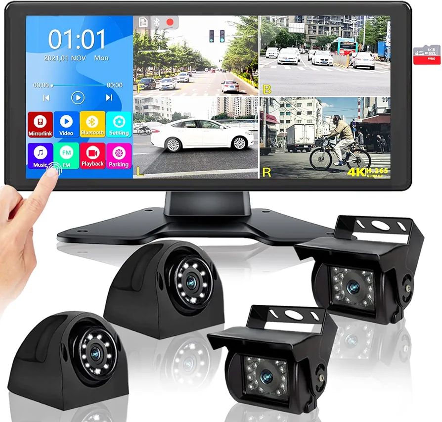 RV Backup Camera System with 10.36’’ 4K Monitor for RV Truck Bus Trailer with 4 Rear/Side View 1080P HD Cameras 4 Splits Touch Screen DVR Recording IP69 Waterproof Bluetooth Music Video Avoid Blind