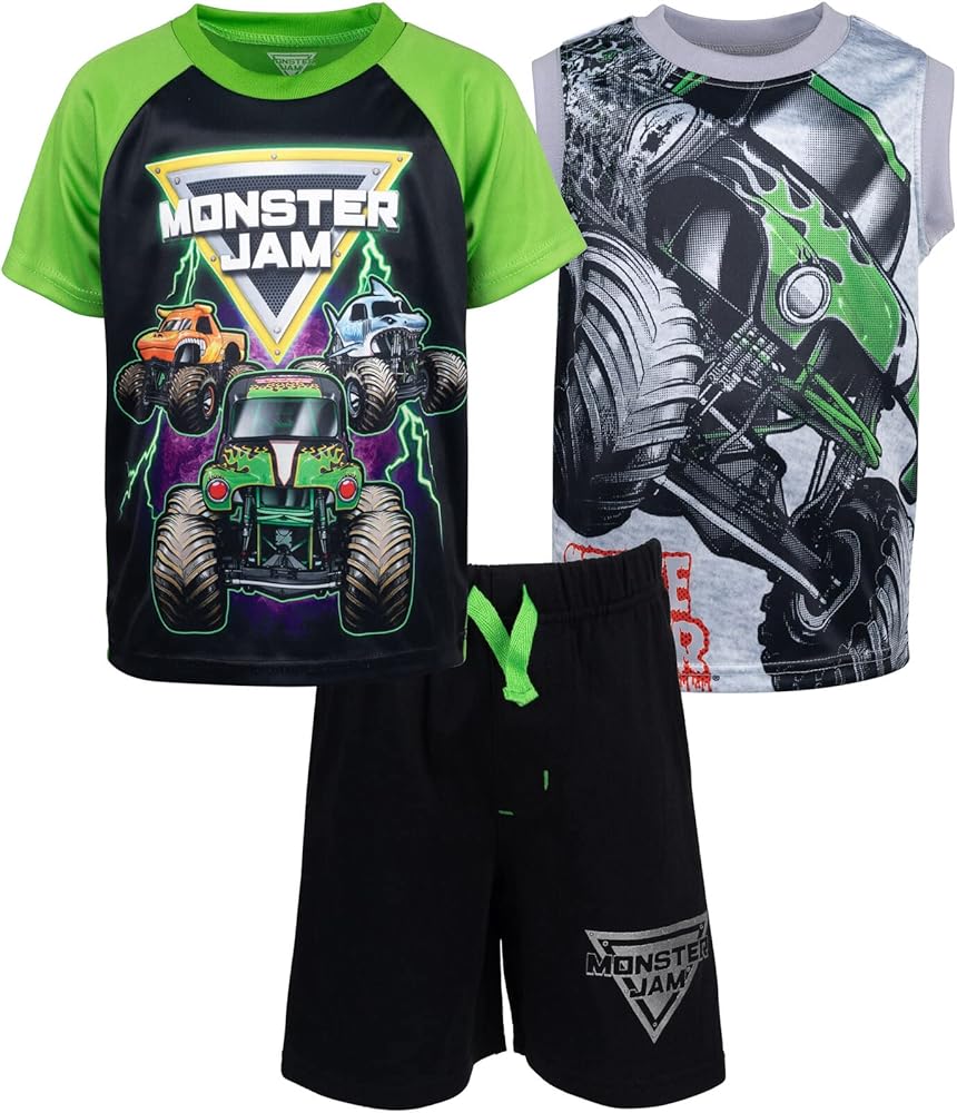 Monster Jam Grave Digger El Toro Loco Megalodon T-Shirt Tank Top and French Terry Shorts 3 Piece Set Toddler to Big Kid