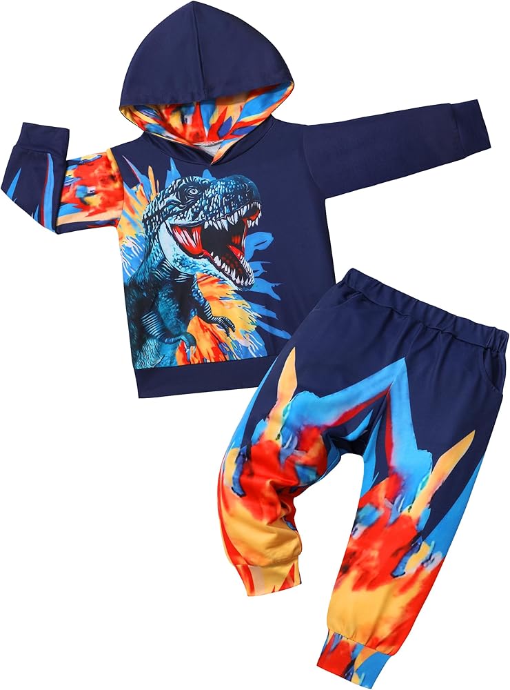 Toddler Boy Clothes 18M-6T Long Sleeve Dinosaur Hoodie Pant Sets T-Rex Toddler Boy Outfits Fall Winter Spring