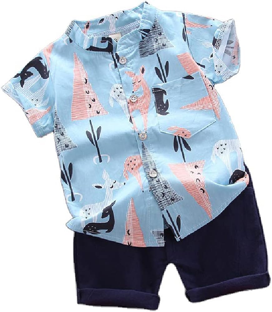 Quenny Children's Short-Sleeved Suits,Boys' Summer Cartoon Deer Pattern T-Shirt Two-Piece Sets.