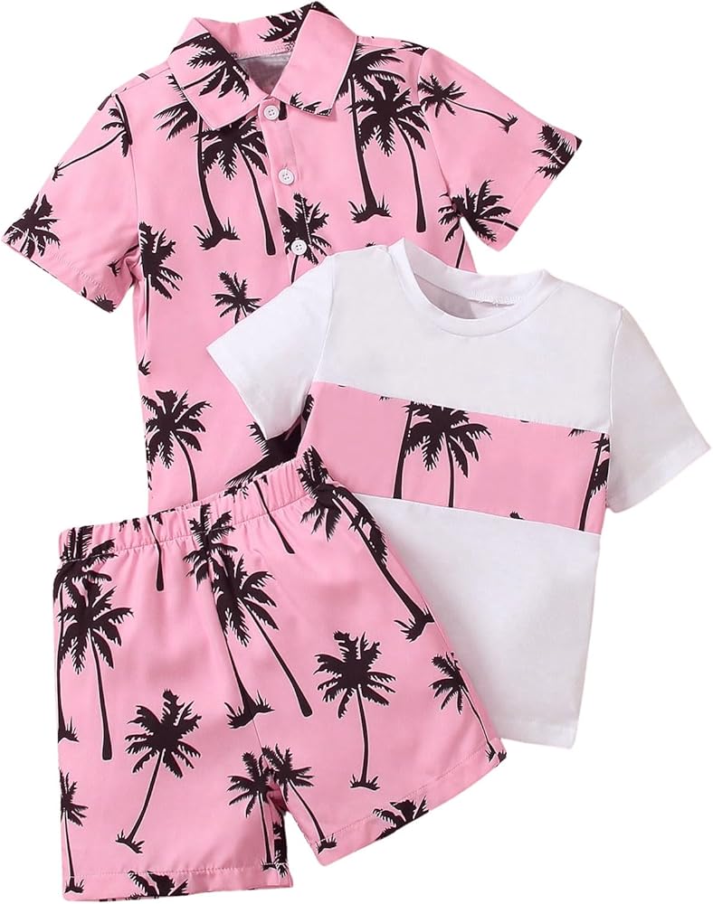 Floerns Boy's 3 Piece Outfit Tropical Print Blouse and Tee Shirts with Shorts Set