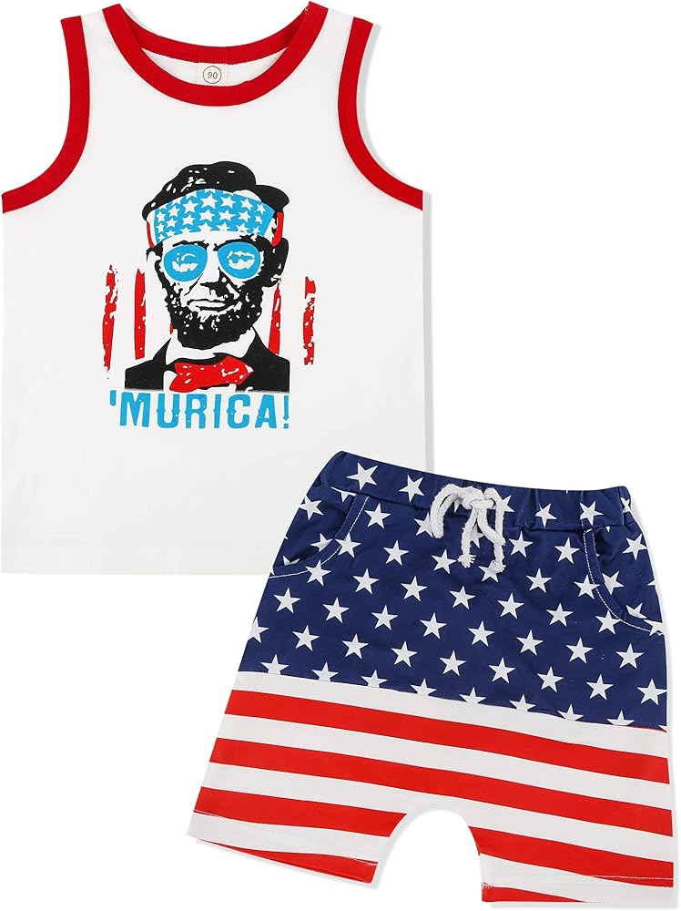 Toddler 4th Of July Outfit Boy Summer Setss Lincoln Sleeveless Top+American Flag Short 2pcs Memorial day Sets