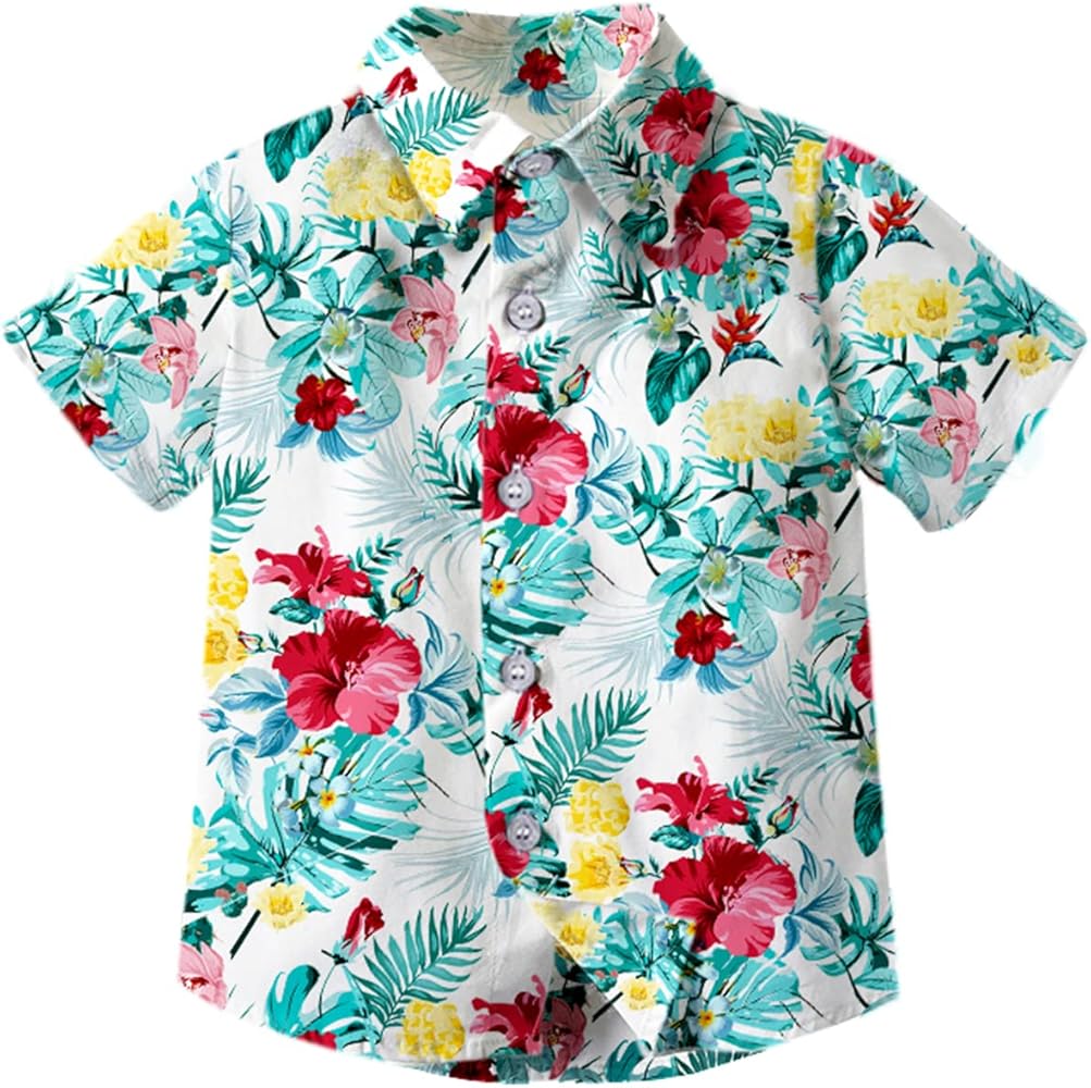 QZH.DUAO Little & Big Boy's Hawaiian Shirts Short Sleeve Fun Print Button Down Dress Shirt Tops for Kids, 9 Months - 15 Years