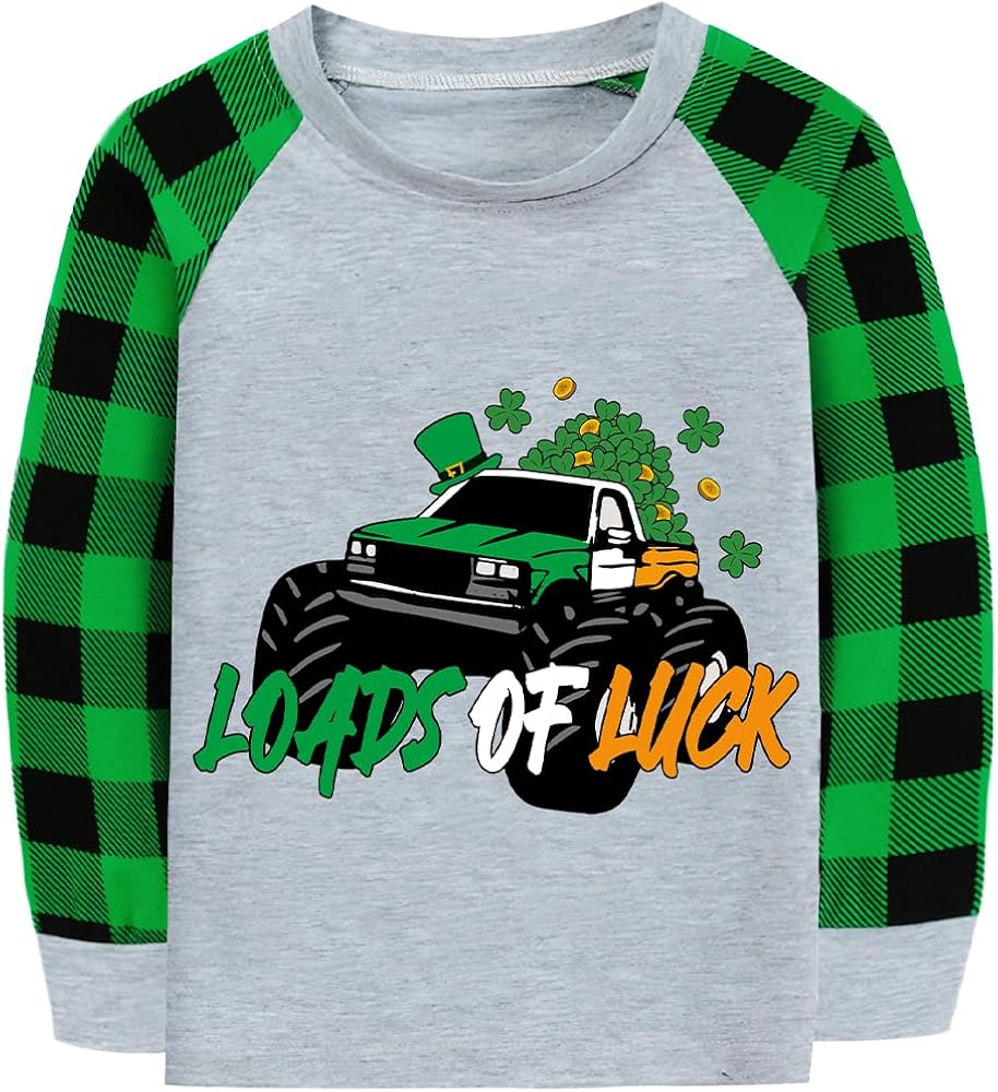 Toddler Boys St Patricks Day T-Shirt Irish Clovers Green Long Plaid Sleeves Tshirt for Kids St Pattys Clothes Tee 2-7 Years