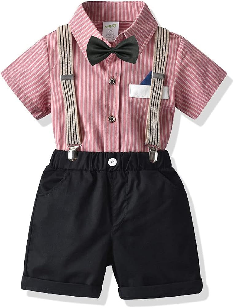 Quenny Boys' Striped Short-Sleeved Shirt and Suspenders Suits,Summer Children's Performance Suits.