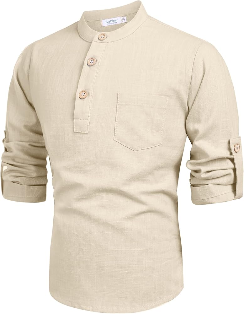 Arshiner Boys Cotton Linen Henley Shirt Long Sleeve Button Down Beach T Shirt Casual Solid Tops Light Khaki