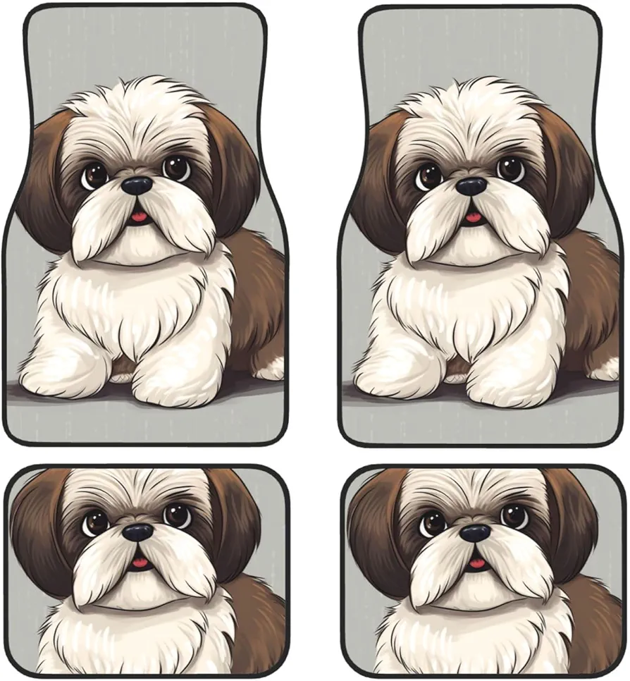 Heavy Duty Car Floor Mats Set of 4 Pieces Universal Car Front Rear Floor Foot Mats Full Sets Shih Tzu Dog Car Mats Non-Slip Car Foot Pad All Weather Auto Floor Carpet