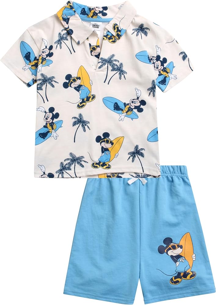 Disney Boys' Shorts Set - 2 Piece Knit Polo Shirt and Shorts: Mickey Mouse, Lion King, Lili & Stitch Matching Outfit (2T-7)