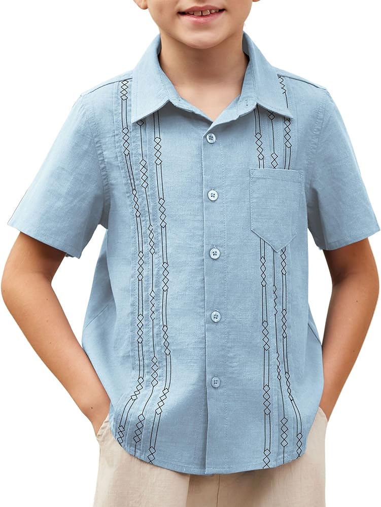 Arshiner Boys Guayabera Shirt Short Sleeve Cotton Linen Button Down Shirt Summer Beach Tops with One Pocket