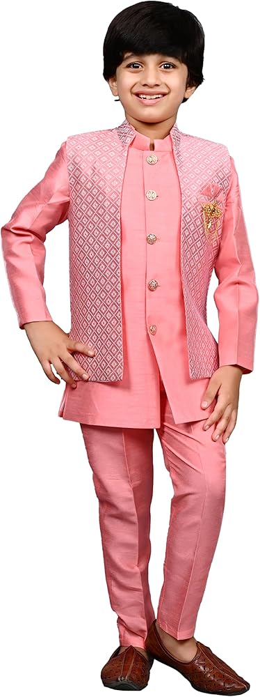 AHHAAAA Kids Indian Ethnic Silk Blend Waistcoat Kurta Pyjama Set Traditional Wear Bollywood Style Wedding Dress for Boys