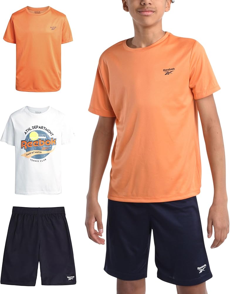 Reebok Boys' Active Shorts Set - 3 Piece Performance Short Sleeve T-Shirt and Mesh Basketball Shorts - Activewear Set (8-12)