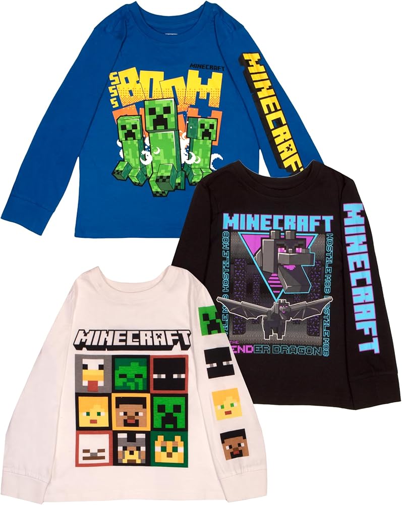 Minecraft Characters Boys Long Sleeve T-Shirt, 3-Pack Bundle Set for Kids and Toddlers