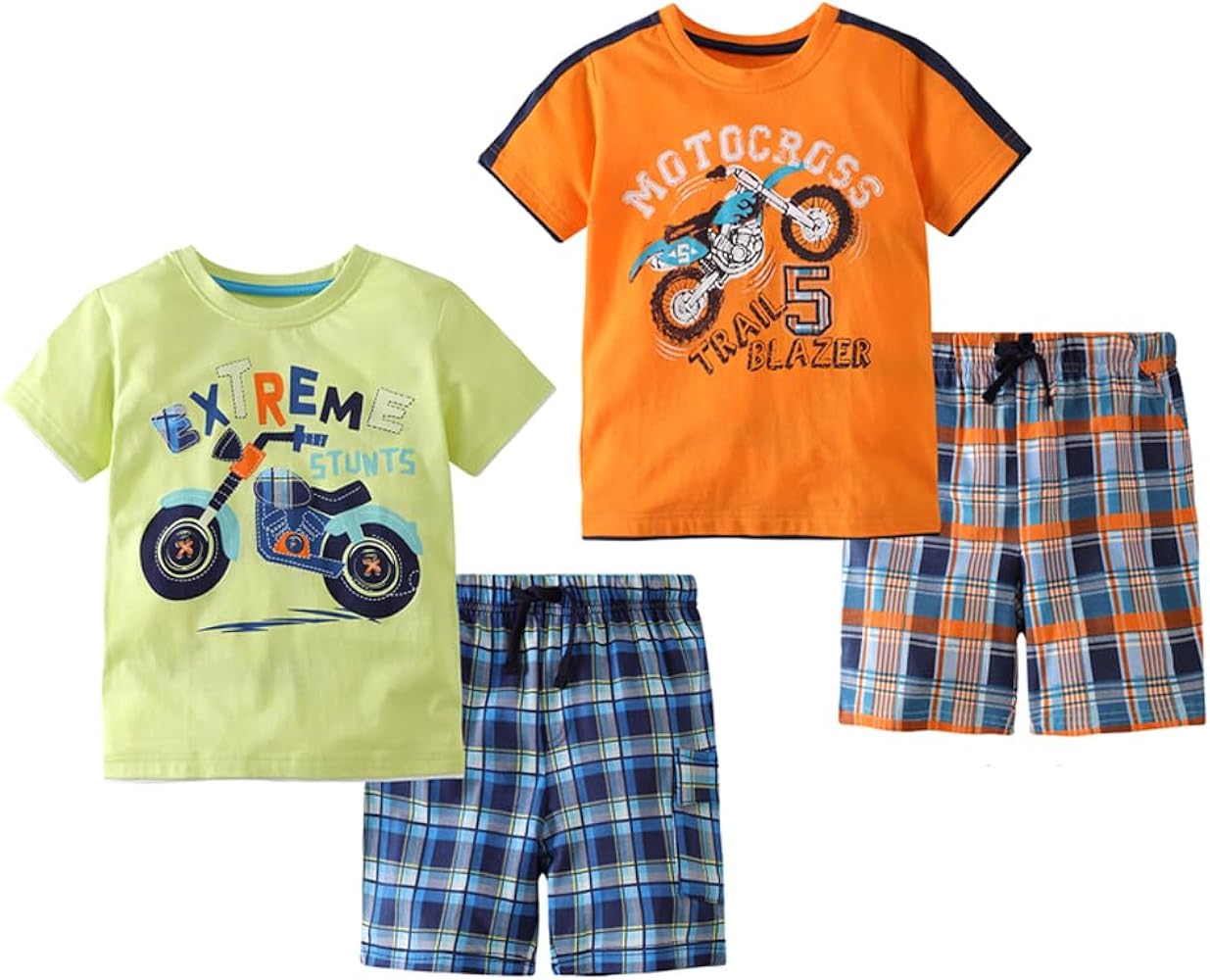 TOONRAIN Toddler Boy Summer Outfits Cartoon Dinosaur Motorcycle Truck 4-pieces Short Sleeve T-shirt Short Clothes Set 2-Pack