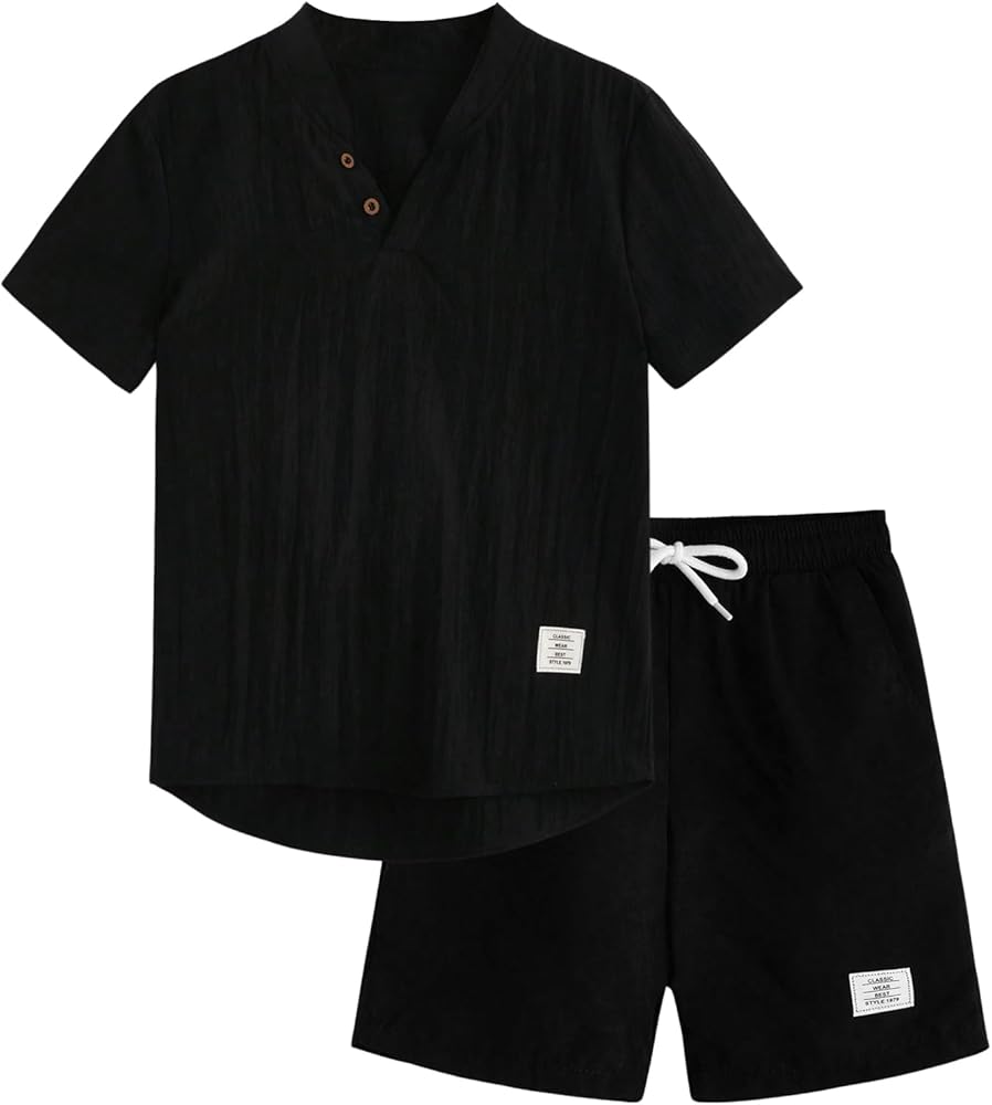 Verdusa Boy's 2 Piece Outfit Button Front Short Sleeve Shirt Top and Drawstring Waist Short Sets