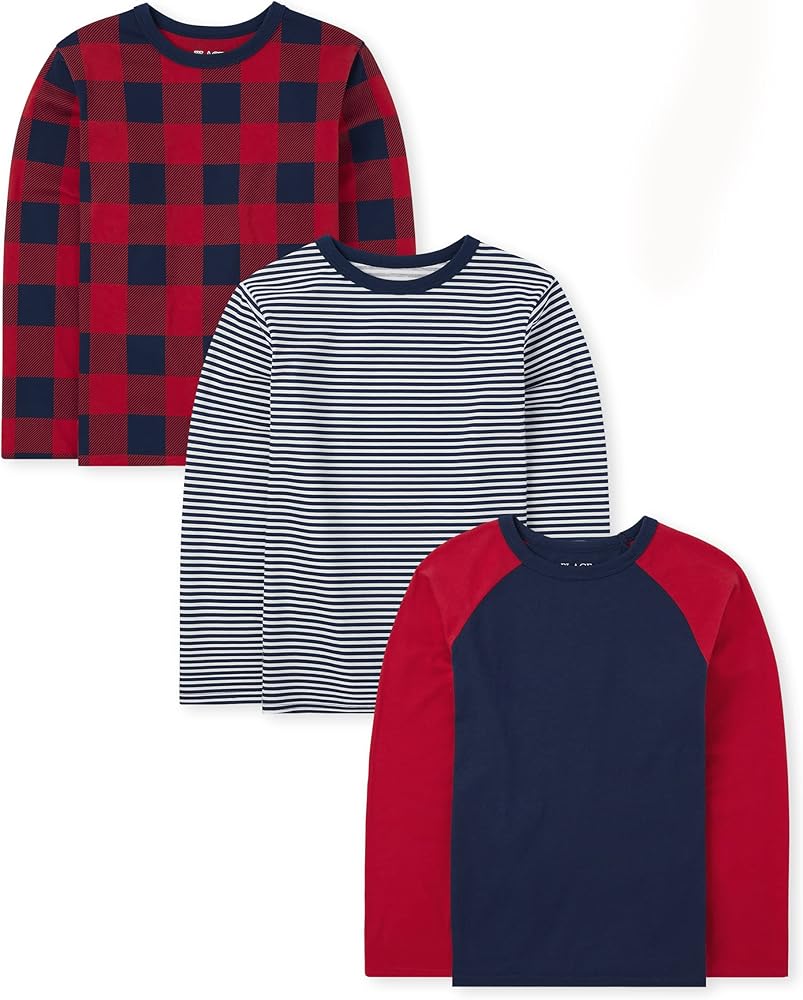 The Children's Place Boys' Long Sleeve Fashion T-Shirts, Navy/Red Multi 3-Pack, Large