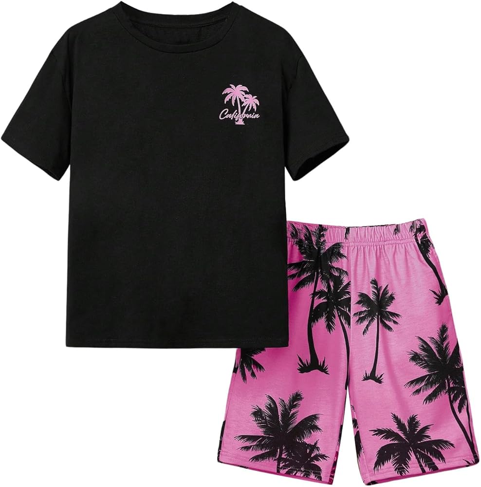 SHENHE Boy's 2 Piece Set Tropical Print Short Sleeve Crewneck T Shirt and Shorts Set Vacation Outfits