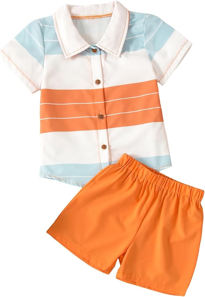 MakeMeChic Boy's 2 Piece Summer Outfits Striped Short Sleeve Button Down Collar Shirt Tops and Shorts Set