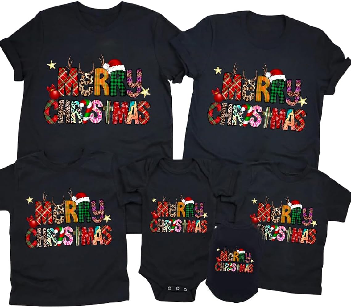 Merry and Bright Shirt Christmas T-Shirts for Family Couple Outfit Tee Parent-Child Short Sleeves Christmas Top