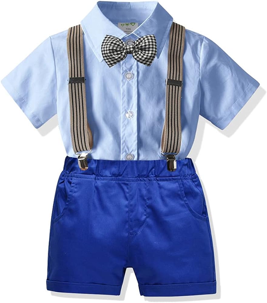 Quenny Boy's Short-Sleeved Shirt and Overalls Suits,0-4 Years Old Show Gentleman Outfits.