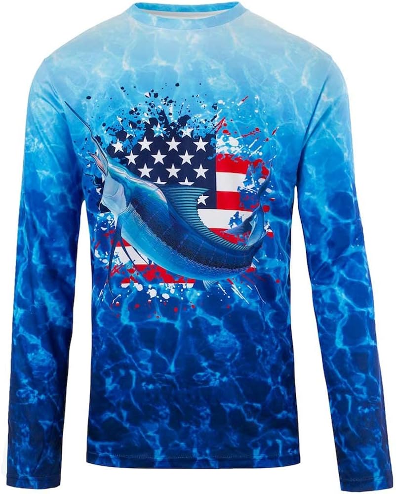 Boys 2T-18 American Flag Marlin Water Sport Fishing UPF Performance Shirt