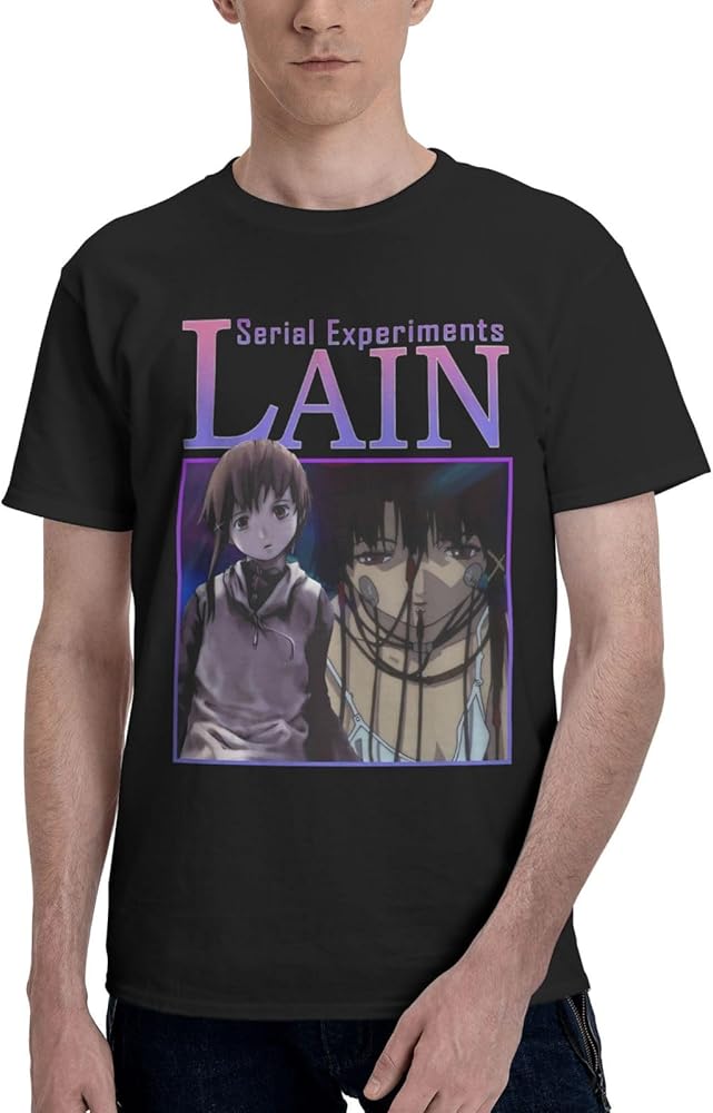 Anime T Shirts Serial Experiments Lain Mens Summer Cotton Tee Crew Neck Short Sleeve Shirts Black