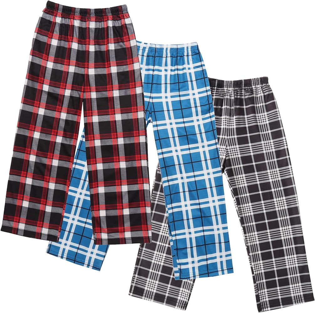 Ekouaer Boys Pajama Pants 3 Pack Sleep Pants Soft Elastic Waist Kids Pajama Bottoms Plaid Lounge Pants with 2 Pockets