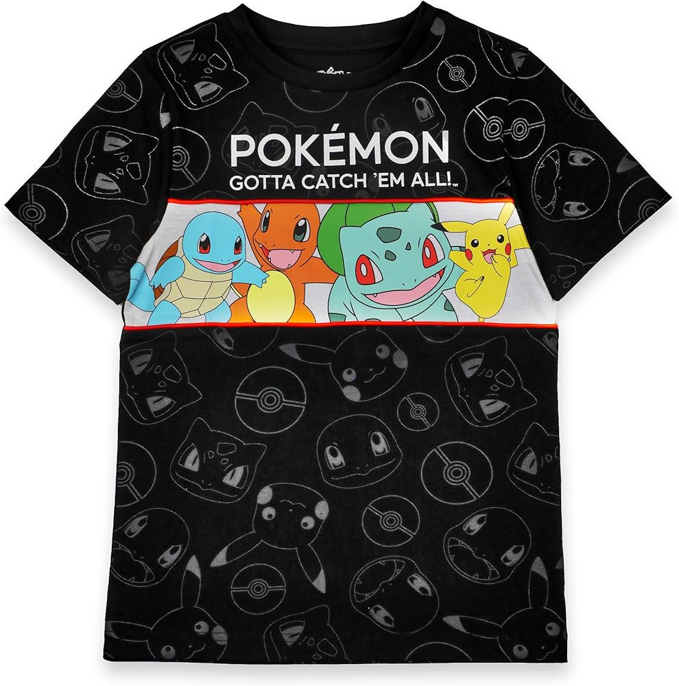 Pokemon T-Shirts for Boys | Green OR Black Top | Pikachu Squirtle Bulbasaur Charmander Characters Game Clothing Merchandise