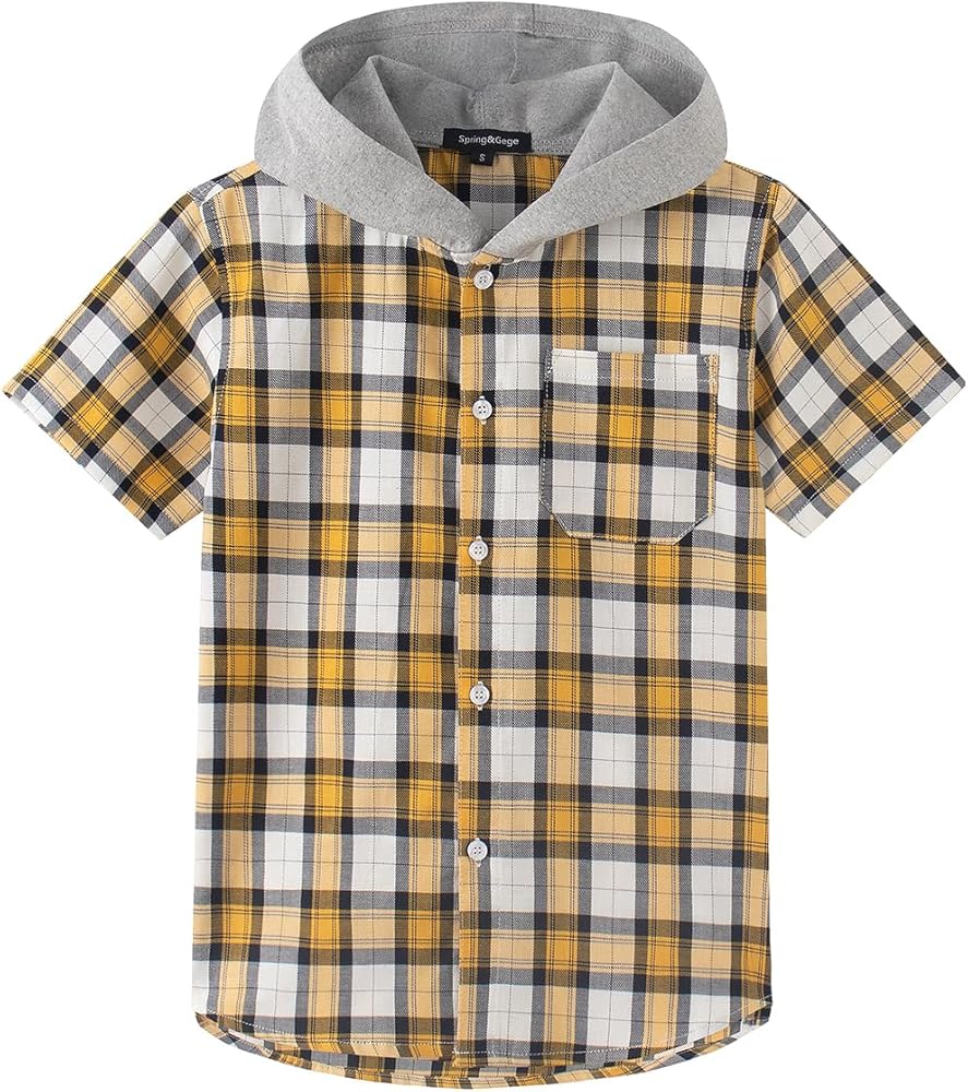 Spring&Gege Boys Hooded Shirt Short Sleeve Plaid Button Down Shirts (5-14 Years)