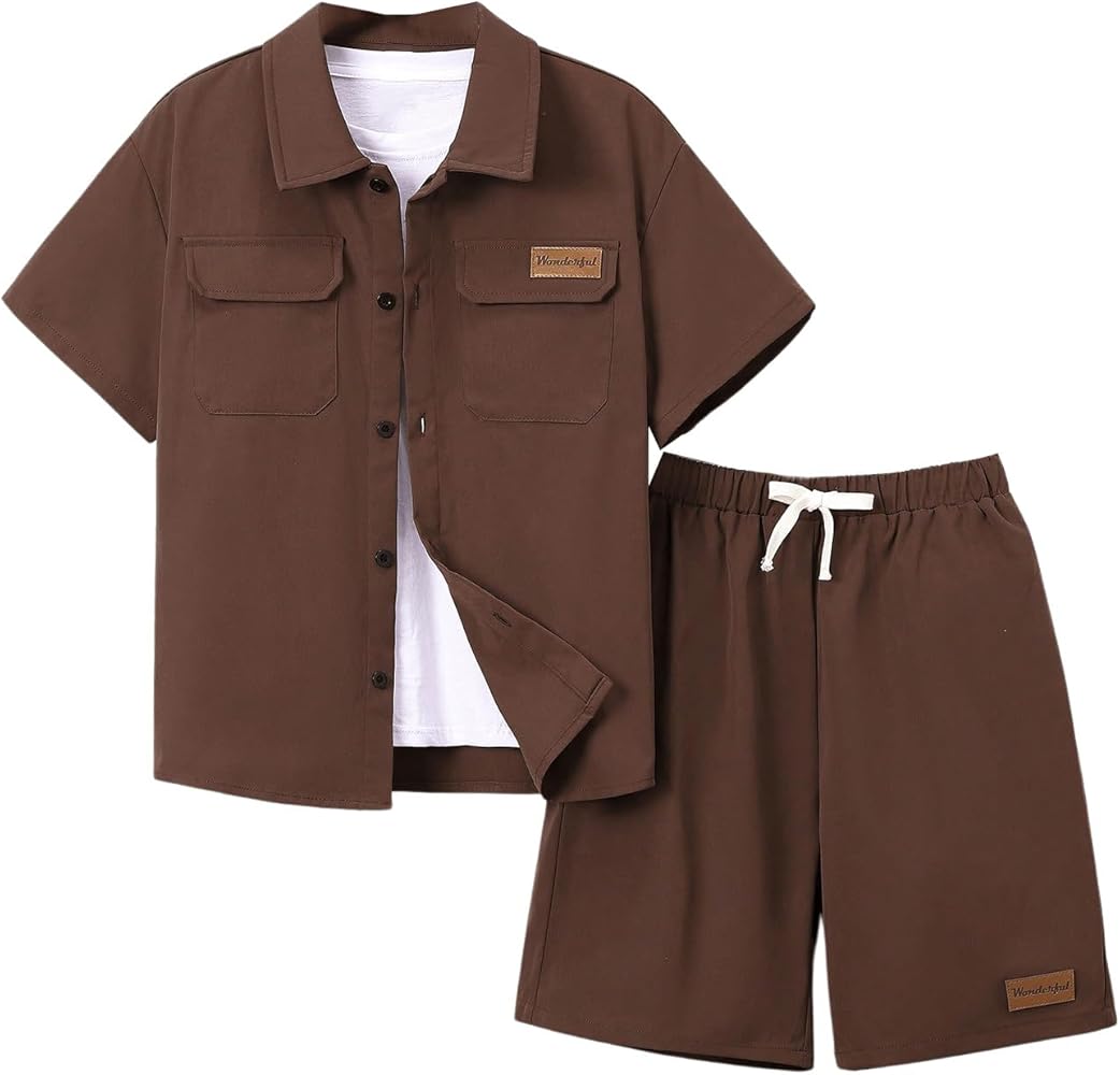 OYOANGLE Boy's 2 Piece Outfits Set Short Sleeve Button Down Blouse and Shorts with Pockets