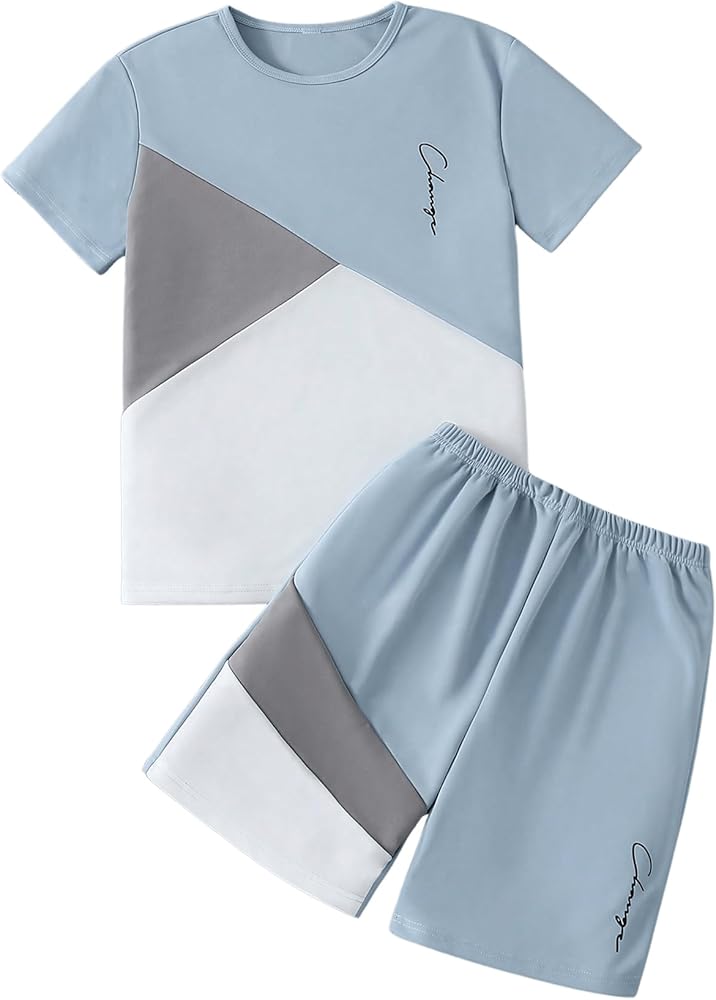 Verdusa Boy's 2 Piece Casual Outfits Color Block Short Sleeve T Shirt and Shorts Set