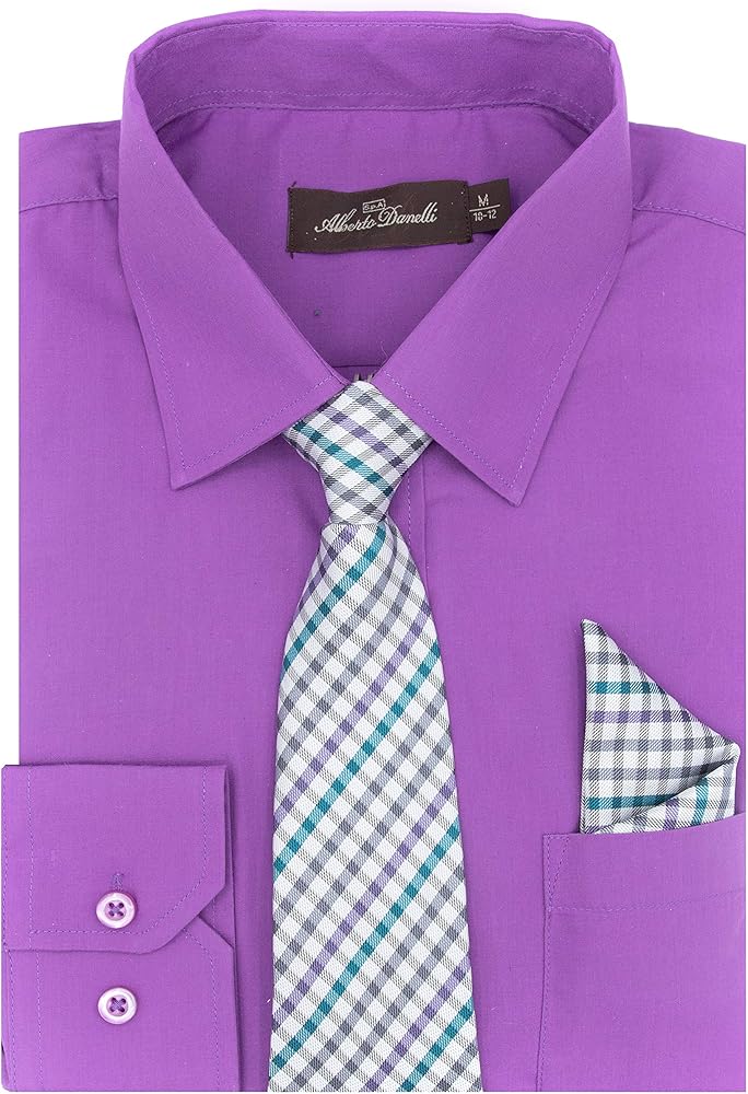 Alberto Danelli Boys Dress Shirt with Matching Tie and Handkerchief, Long Sleeve Button Down, Pocket