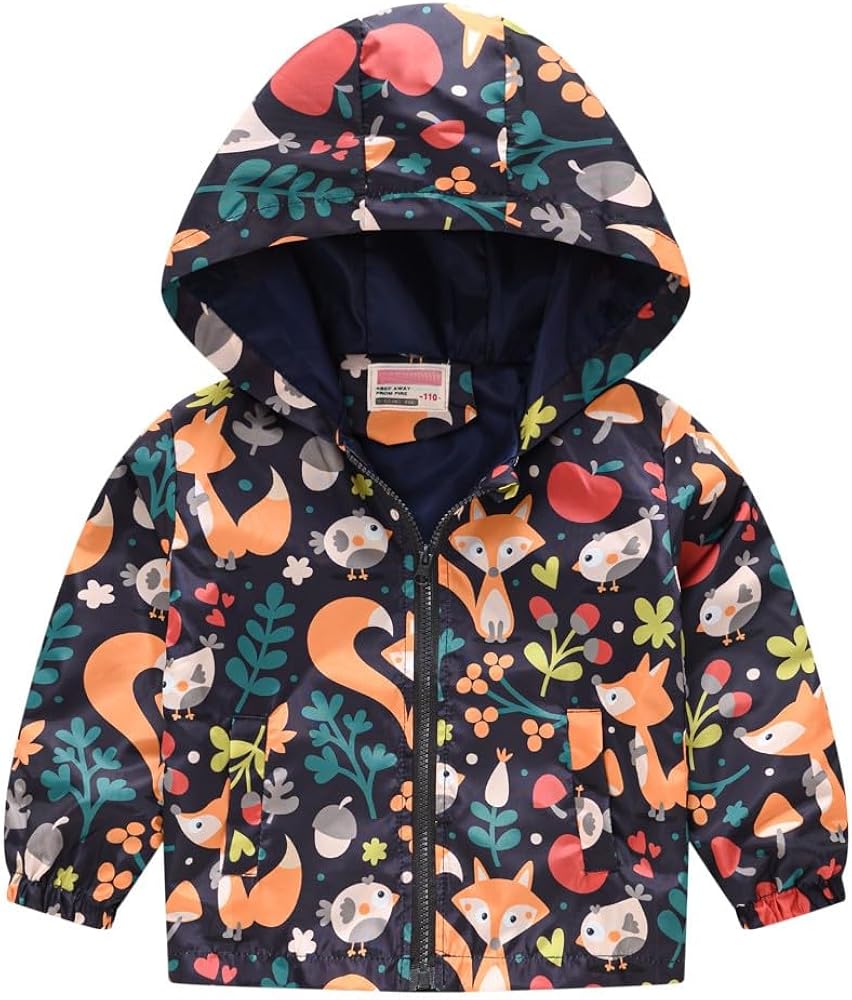 Toddler Boys Girls Cute Windbreaker Dinosaurs Print Casual Outerwear Lightweight Zip Jacket Hooded Dust Coat