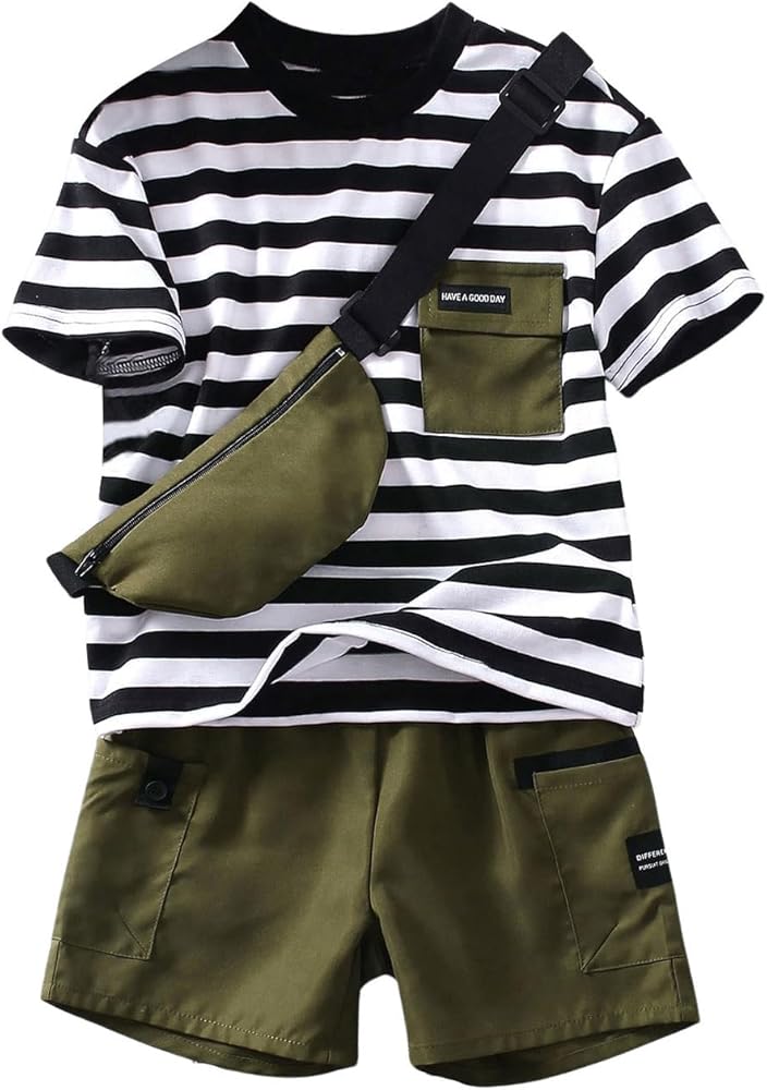 GORGLITTER Boy's Letter Pocket Patched Outfit 3 Piece Set Striped Tee Top Cargo Shorts with Crossbody Bag