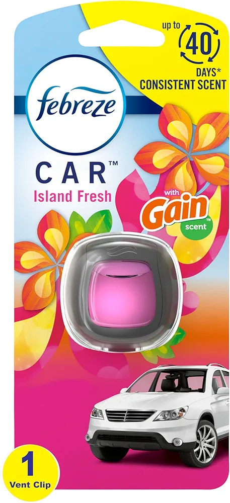 Febreze Car Odor-Fighting Air Freshener Vent Clip with Gain Scent, Island Fresh, 1 count