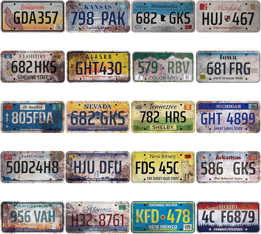 20 Pcs License Plate Decor Assorted Garage Decor License Plates Stickers Retro Vintage Us States Number Tags Automotive Vintage Decor Retro Home Decor for Man Cave Garage DIY Bar Home, 6 x 12 Inch