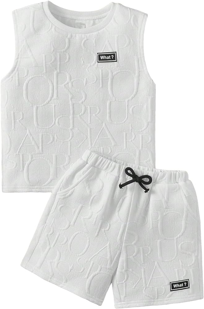 Verdusa Boy's 2 Piece Outfits Letter Print Round Neck Tank Top and Shorts Sets