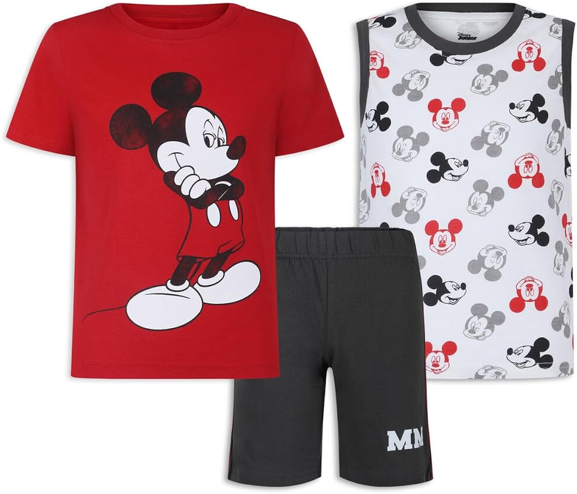 Disney Mickey Mouse Boys 3 Piece T-Shirt, Tank Top and Shorts Set for Toddlers - Red/White/Grey