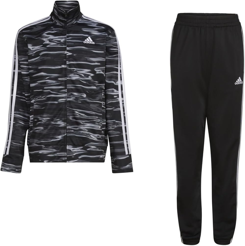 adidas Boys' Tricot Jacket & Pant Clothing Set, Black Print, Medium