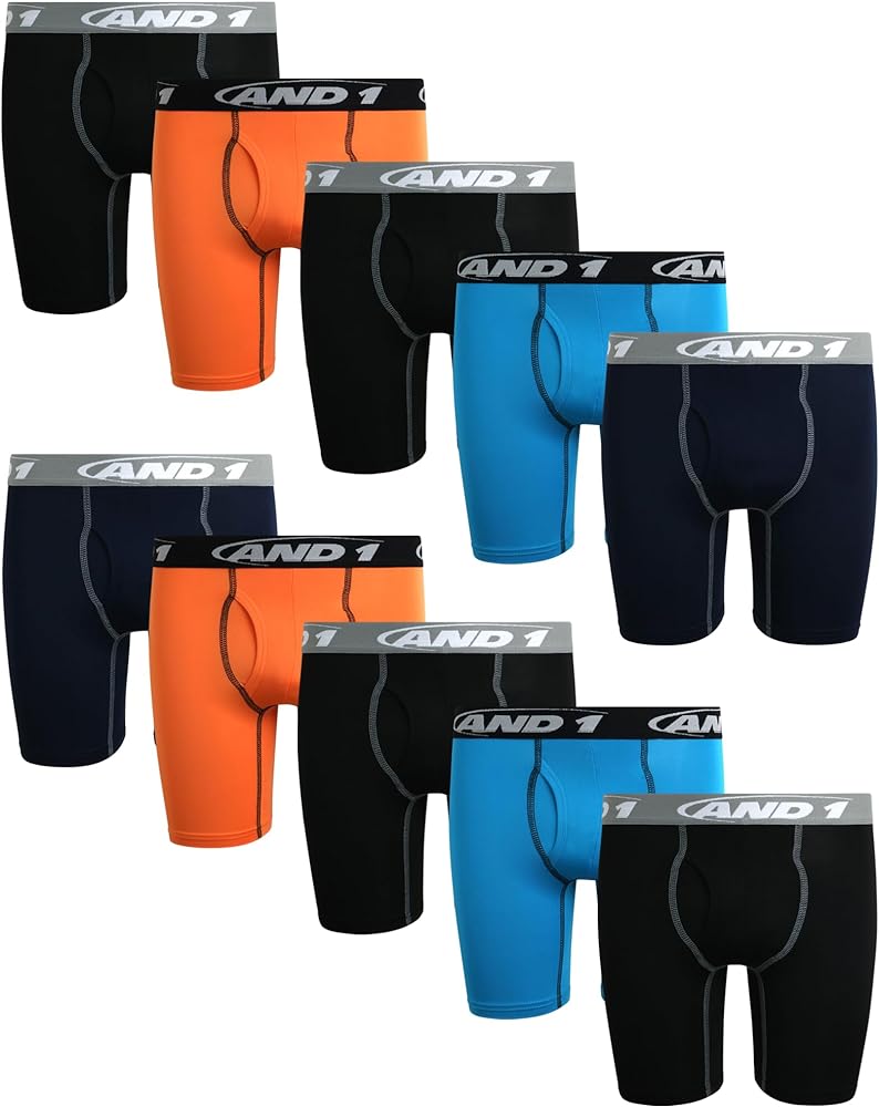 AND1 Boys' Boxer Briefs - 10 Pack Functional Fly Compression Long Leg Boxers - Performance Underwear for Boys (S-XL)