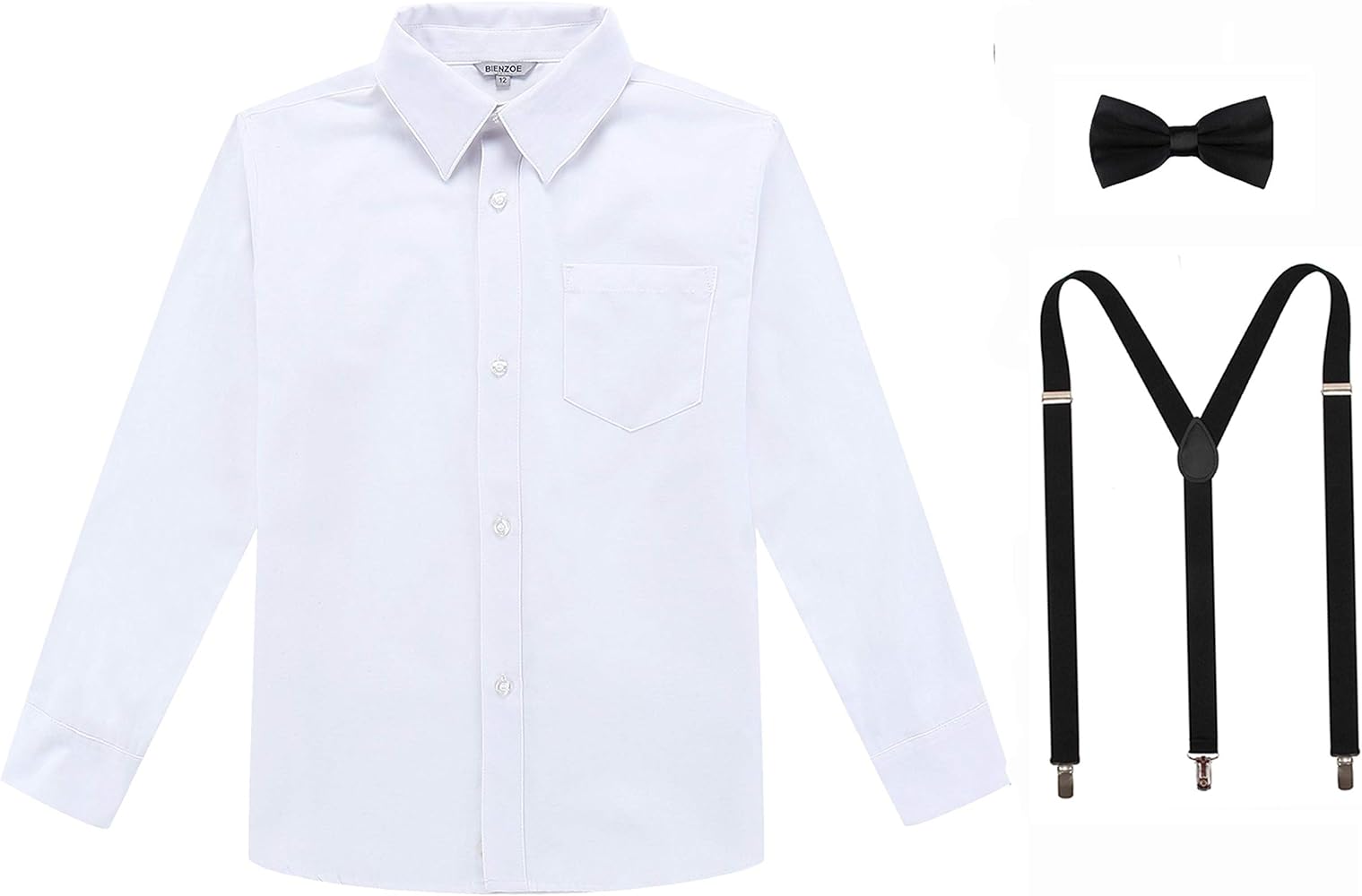 Bienzoe Boys Long Sleeve Shirt: School Uniform Oxford Button Down Cotton Tops Suspender Bowtie Pack