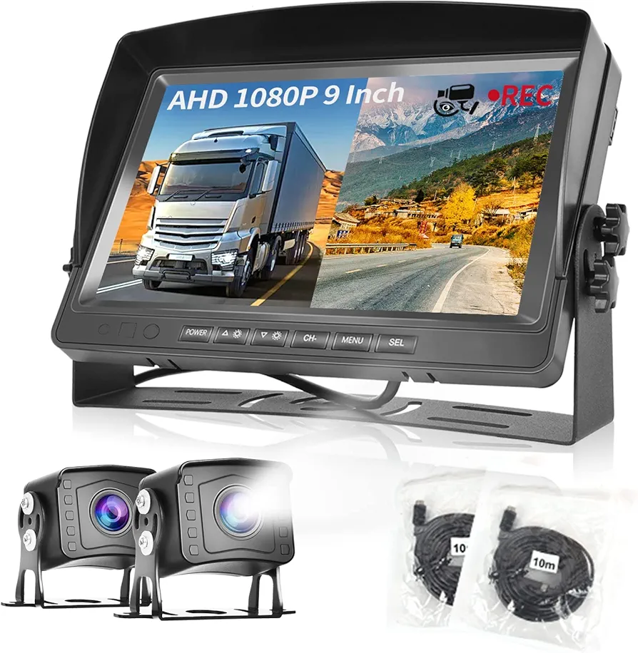 Dual Backup Camera Monitor Kit Video Recording 9 inch LCD Monitor 2-Cameras IP69 Waterproof Full Color Night Vision Car Reversing Rear View Camera with Cable for Truck/Trailer/RV/Pickup/Camper 12-35V