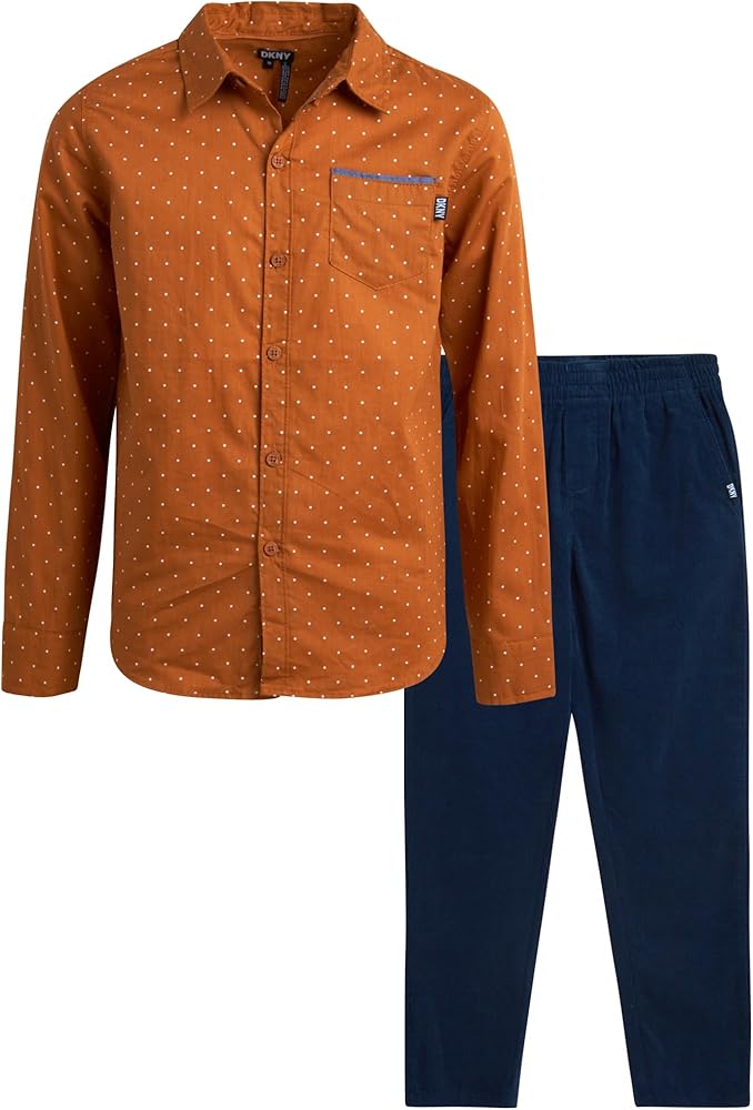 DKNY Boys' Shirt - 2 Piece Woven Button Down Shirt and Corduroy Pants - Matching Casual Outfit Clothing Set for Boys (4-12)