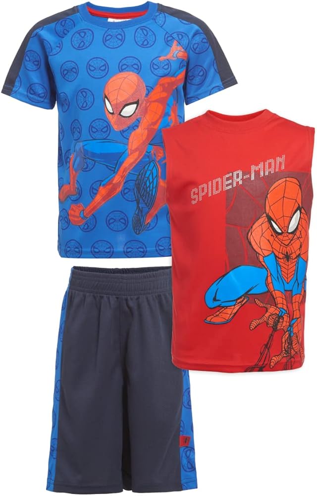 Marvel Avengers Spider-Man Black Panther Miles Morales Boys Superhero Short Sleeve T-Shirt, Tank Top and Mesh Shorts Set