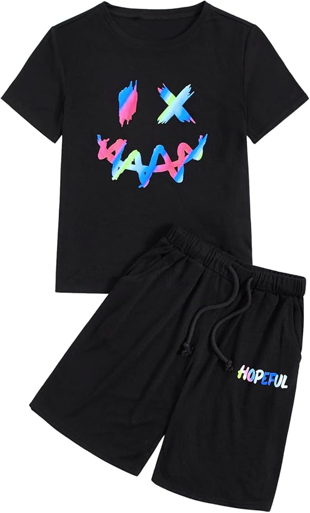 OYOANGLE Boy's 2 Piece Outfits Graphic Print Short Sleeve Top T-shirt Tee and Shorts