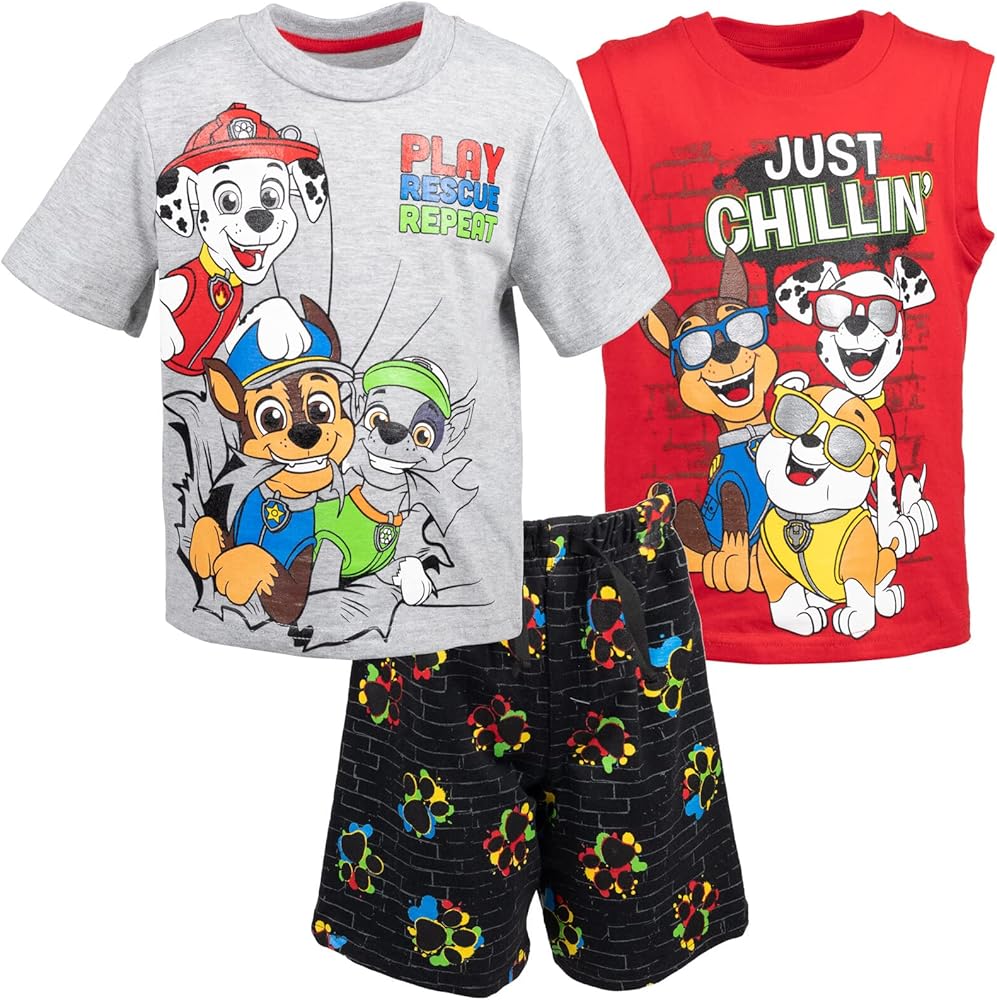 Paw Patrol Rocky Rubble Marshall T-Shirt Tank Top and French Terry Shorts 3 Piece Outfit Set Toddler to Big Kid